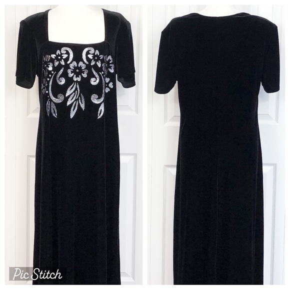 Vintage Onyx Nite Black Velvet Glitter Floral Print Evening Gown 18 - Picture 1 of 16